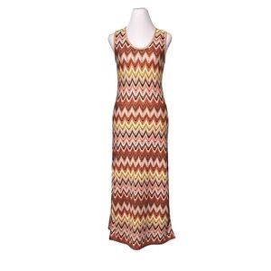 Willa Story Maxi Tank Dress Size S Chevron Stretch Knit Brown Rust Lined 70's